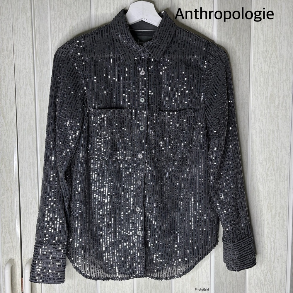 Anthropologie Sparkling Black Sequin Blouse